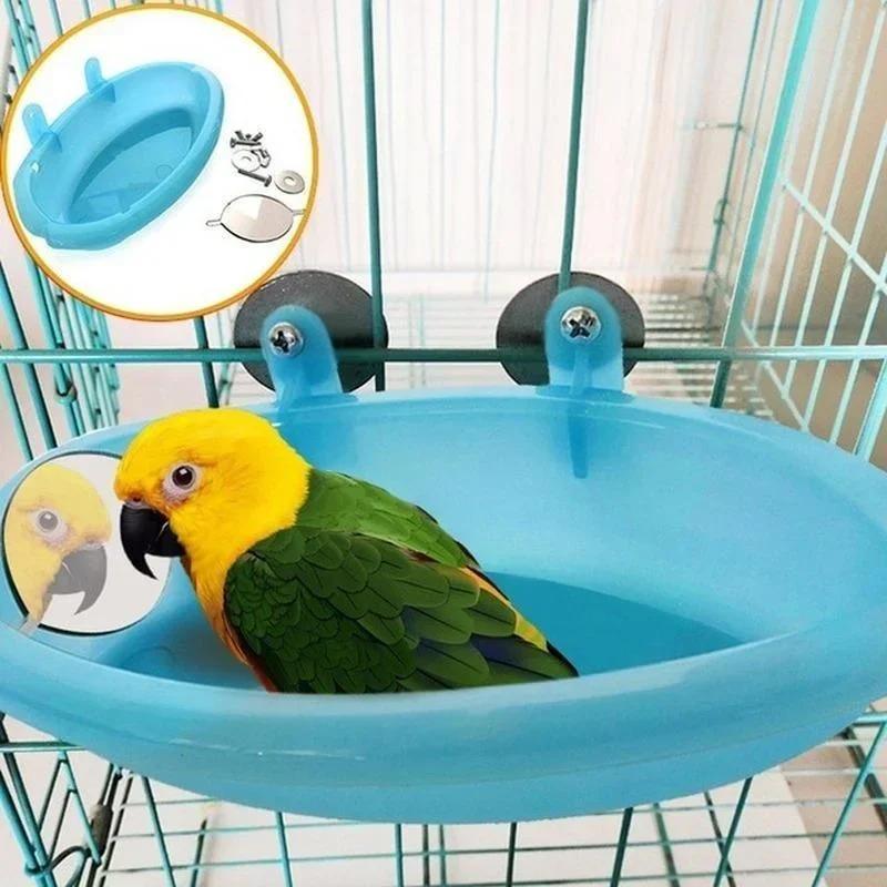 Bird Water Bath Tub for Pet Cage Hanging Bowl Parrot Parakeet Bird Bath with Mirror Birdbath