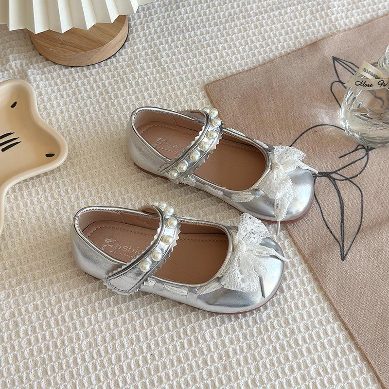 Mädchen Prinzessin Schuhe Mesh Spitze Schleife Kinder Ballerinas Runde Zehen Süß 2025 Neu Mädchen Lederschuhe für Party Hochzeit Niedlich Perle
