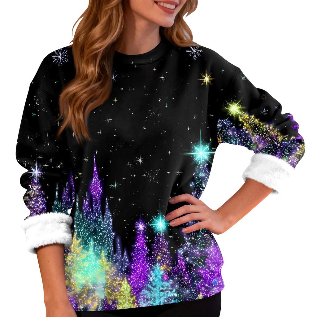 Women's Fashion Casual Long Sleeve Christmas Printed Round Neck Top Sweatshirt