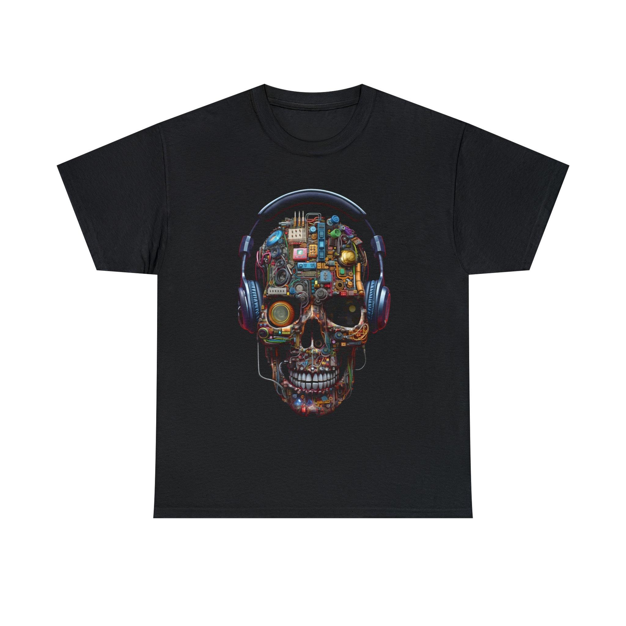 

HOT SALE Halloween Skull T-shirt Cyberpunk Unisex Cotton Tee Color Circuit Board and Headphones Great Casual Gift for Gamers 4XL