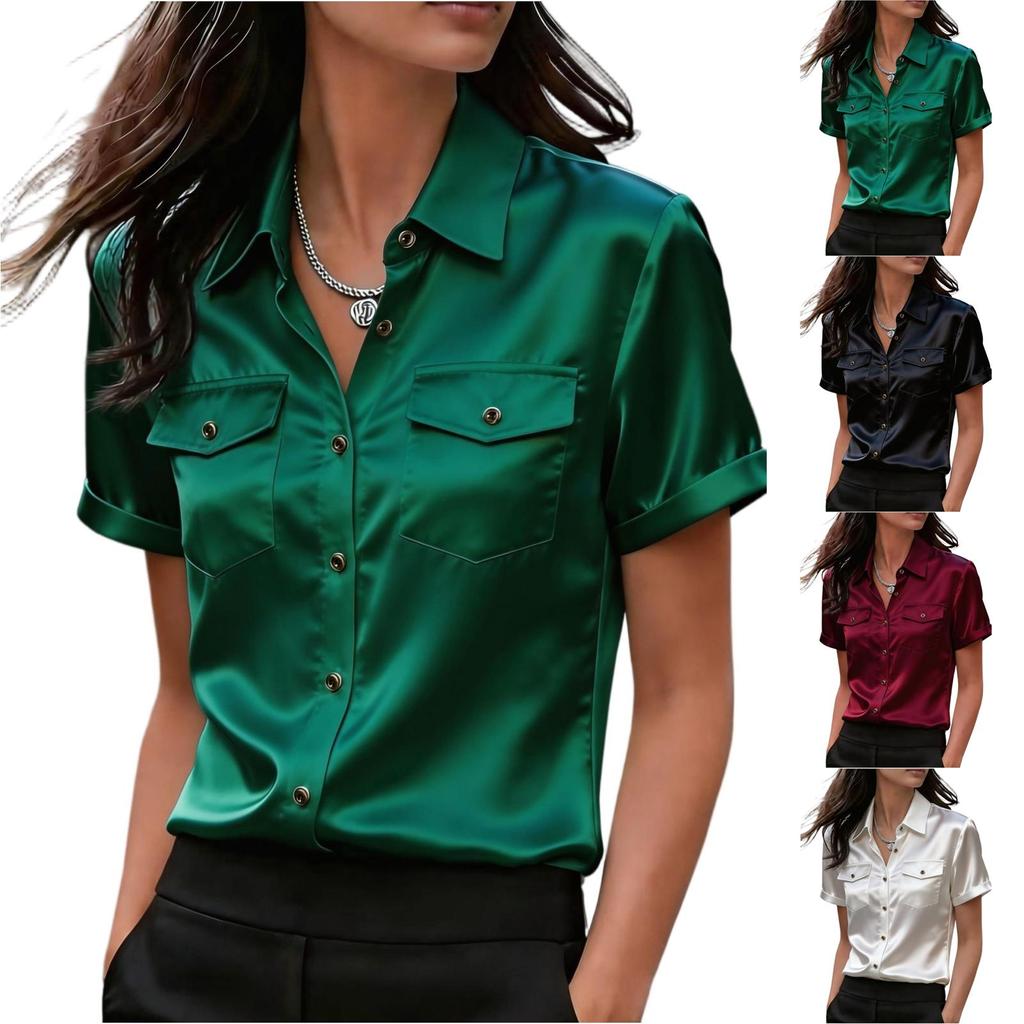Women's Elegant Satin Short-Sleeve Blouse With Double Pockets