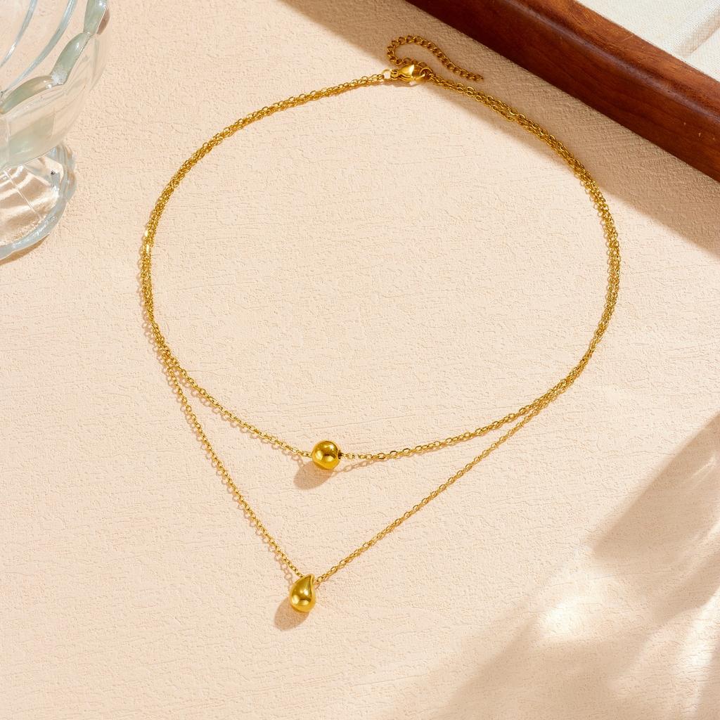 Beads Geometric Water Droplet Double-Layer Pendant Necklace Lady 316L Stainless Steel Classic Trend Waterproof Jewelry