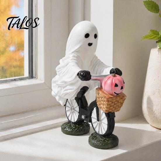 Fun Halloween Collectible Statue Ghost Riding Bicycle Resin Figurine, Spooky Desk Shelf Decor for Creative Party Ornament Home Entryway, Hand-Painted