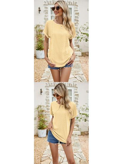 Women's Eyelet Summer Round Neck Short Sleeve Casual T-shirt