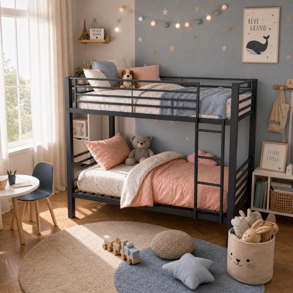 Metal Bunk Bed 90x200 Cm, Load Capacity Up To 350kg (150/200kg), Convertible To 2 Single Beds, Noise-free, Slatted Frame, Ladder Left/right, Black