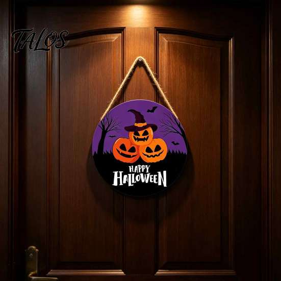 Halloween Wooden Hanging Sign Wall Pendant, with Pumpkin And Witch Silhouette, Fall Home Entrance Welcome Plaque Round Sign, for Porch Door Decor Dark