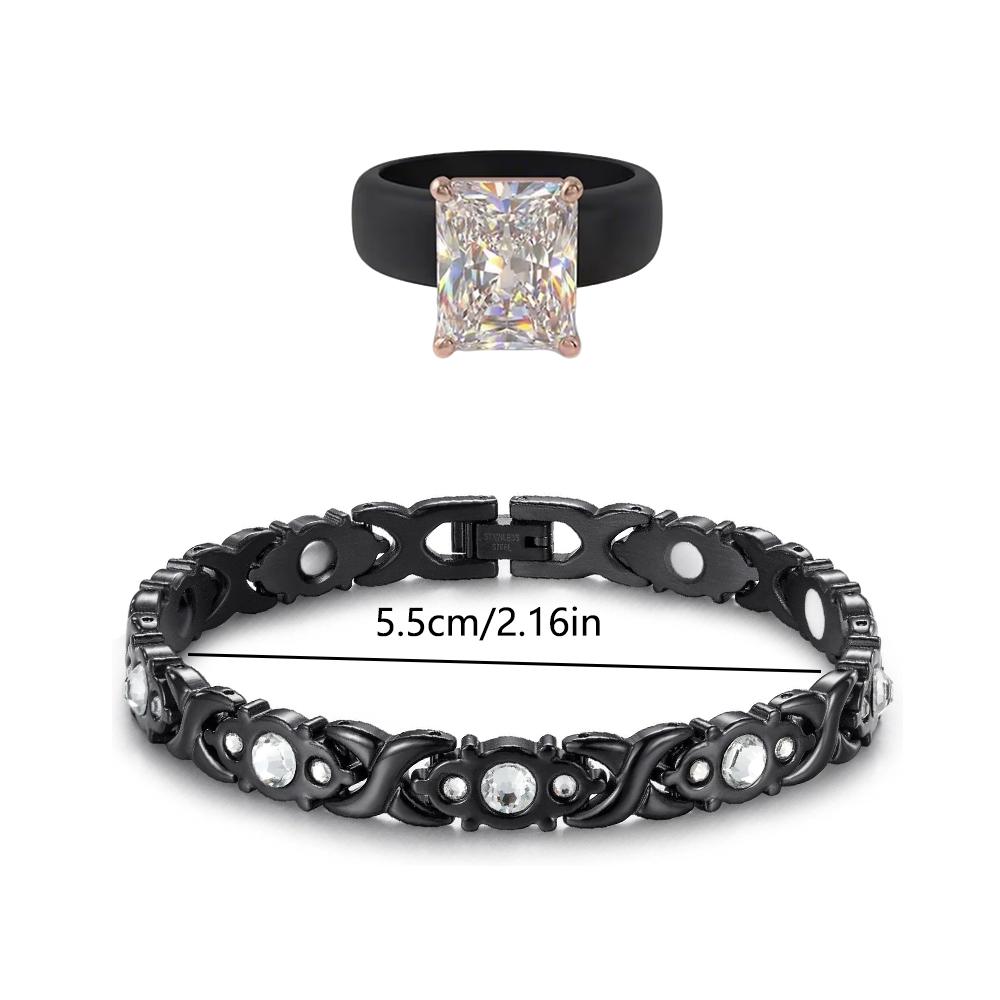 s Black Jewelry Set, Emerald Cut CZ Silicone Ring + Black Crystal Link Bracelet, Gothic Hip Hop Statement Jewelry for Men/Wom