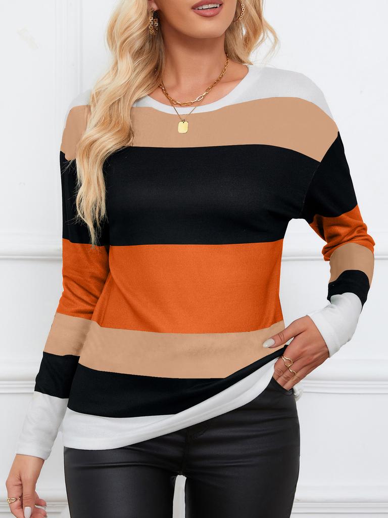 Round Neck Long-sleeved T-shirt Autumn Striped Contrasting Women's Pullover Leopard Knit Top Loose and Fashionable