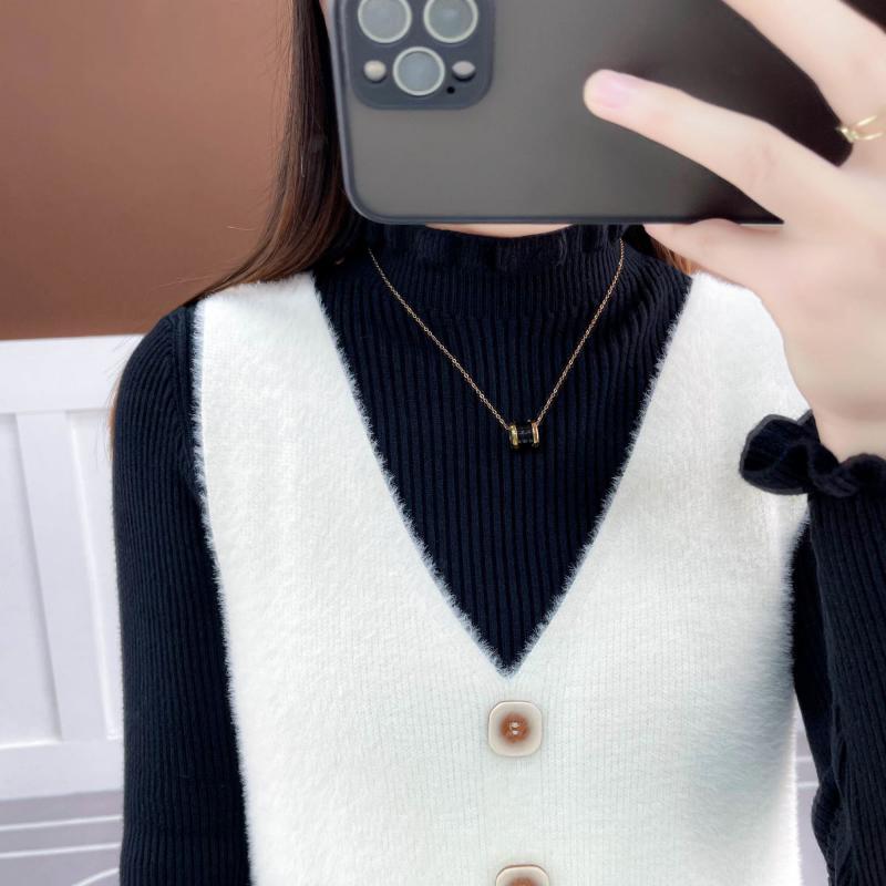 Faux Mink Knitted Waistcoat Spring and Autumn Mohair V-neck Vest Knitting Versatile Sleeveless Mid-length Casual Women's Dress