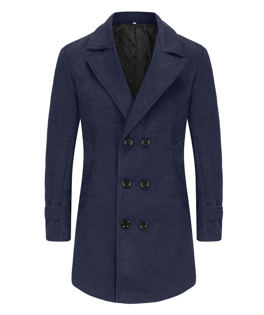 Men's Double-Breasted Wool Coat - Stylish, Cotton-Lined, Thick Mid-Length with Lapel Collar for Autumn/Winter 2025.