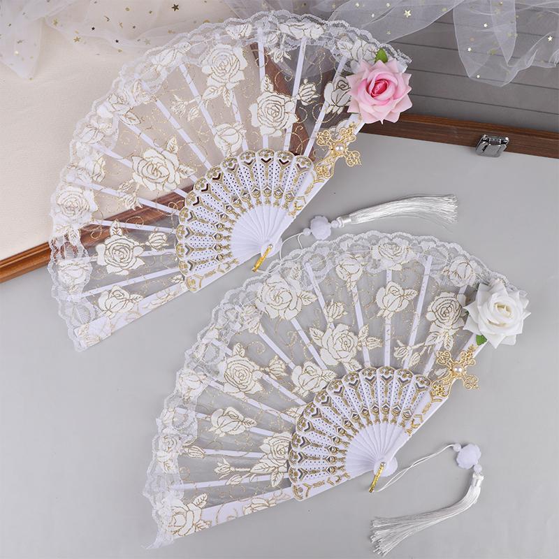Ladies Lace Hand Fan Black White Cloth Folding Fans With Tassels Ancient-Style Dance Folding Hand Fan For Wedding Party Favor