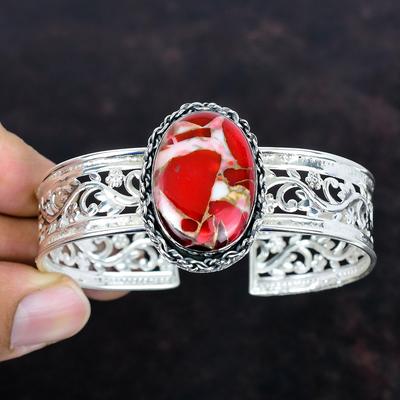 Kingman Red Mohave Copper Turquoise Cuff Bracelet Gemstone Unique Jewelry 925 Sterling Silver Bangle Handmade Adjustable Bangle Wedding Gift