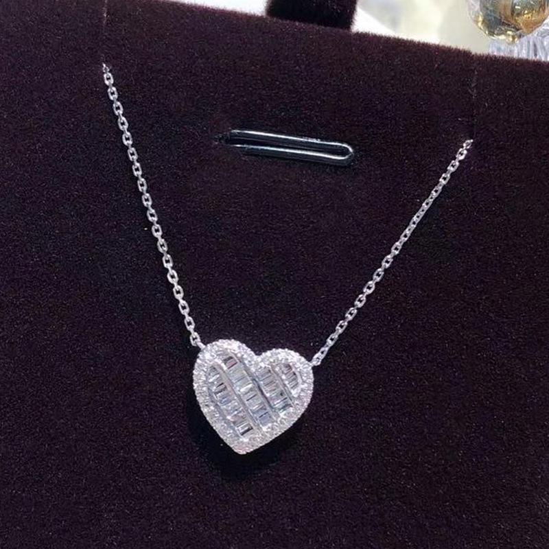 Hollow Heart Mixed Baguette and Round Stone Halo Pendant Women Cable Chain Clavicle Necklace