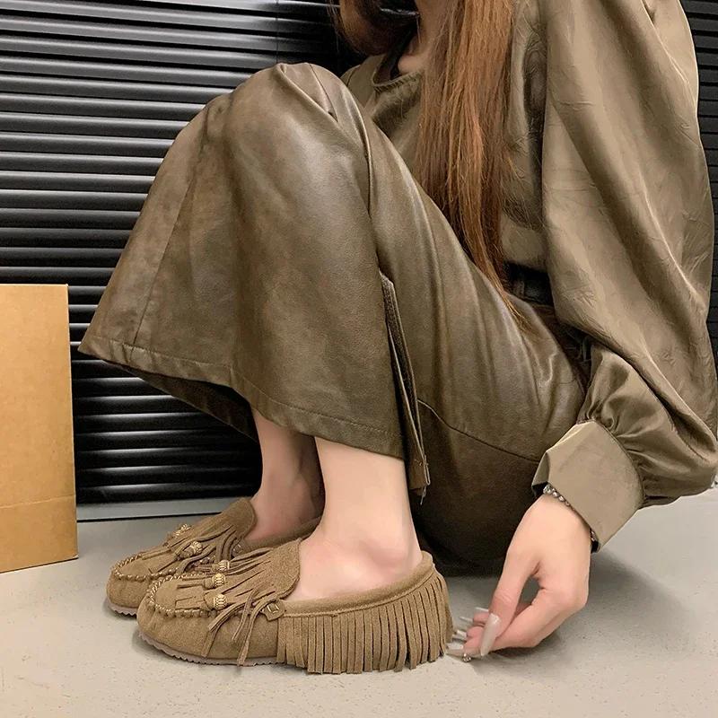 Fashion Flats Luxury Summer All-match Flat Bean Shoes Slip-on Lazy Women's Shoes Soft Soles Shallow Mouth Retro Tassel Women's Shoes