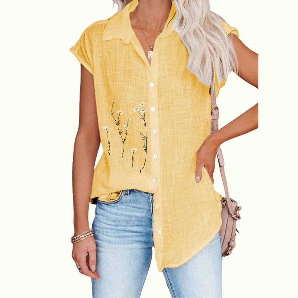 Women Fashion Sleeveless Thin Blouse Casual Floral Print Top Ladies Button-down Shirt