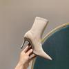 2025 Autumn and Winter New Short Boots Women's High Heel Thin Heel Pointed Black Elastic Thin Boots Versatile Internet Celebrity Medium Single Boots