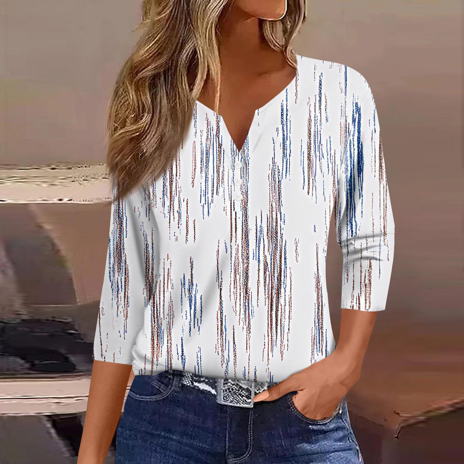 

Женская футболка с принтом на пуговицах, короткий рукав, туника, повседневная мода на выходные, базовый топ с V-образным вырезом M белый