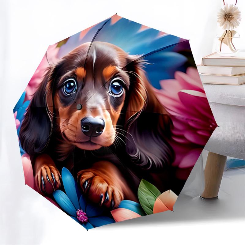 1pc Dachshund Flower Garden Automatic Open/Close Umbrella, 8-Rib Sturdy Frame, Umbrella for Travel, Everyday, Formal Events Yy251126061