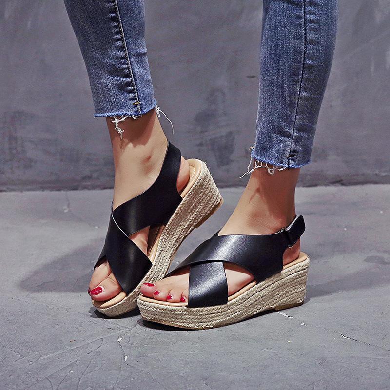 European and American foreign trade large size fashion summer sandals round head lightweight Velcro rubber sole hemp rope sole cross sandals