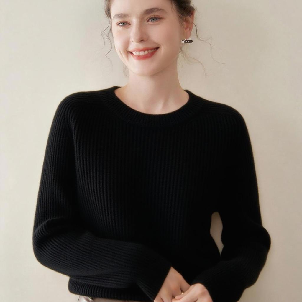 Ribbed Cashmere Round Neck Women's Short Pullover Sweater - Solid Color Loose Knit Top