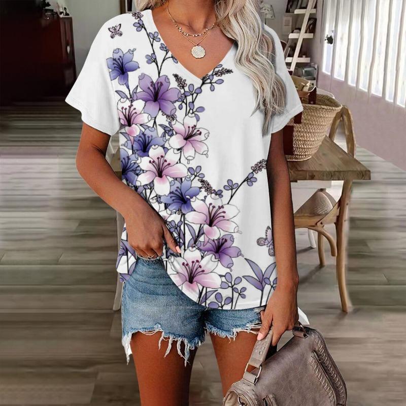 Blumen Damen V-Ausschnitt T-Shirt 3D-gedruckt Retro-Mode Casual bedruckte kurzärmlige Kleidung