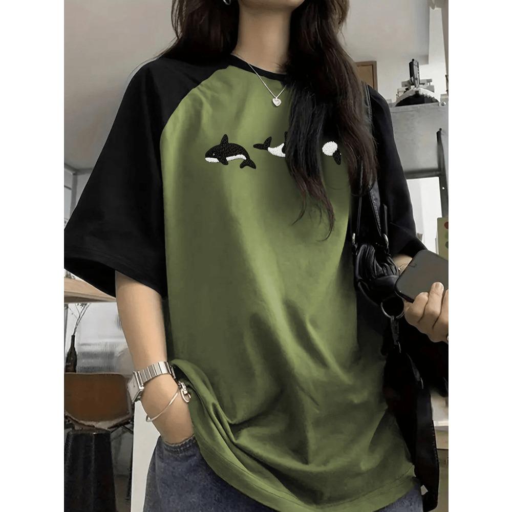 

Women s Fashion Casual Minimalist Cartoon Letter Color-block Raglan Sleeve Crew Neck Short-Sleeve T-Shirt 5XL