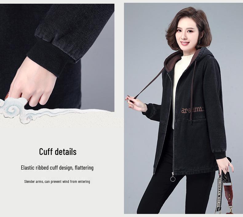 Women's Fleece-Lined Denim Hooded Jacket: Mid-Length, Warm, Fashionable Autumn/Winter Coat for Middle-Aged & Elderly Moms.