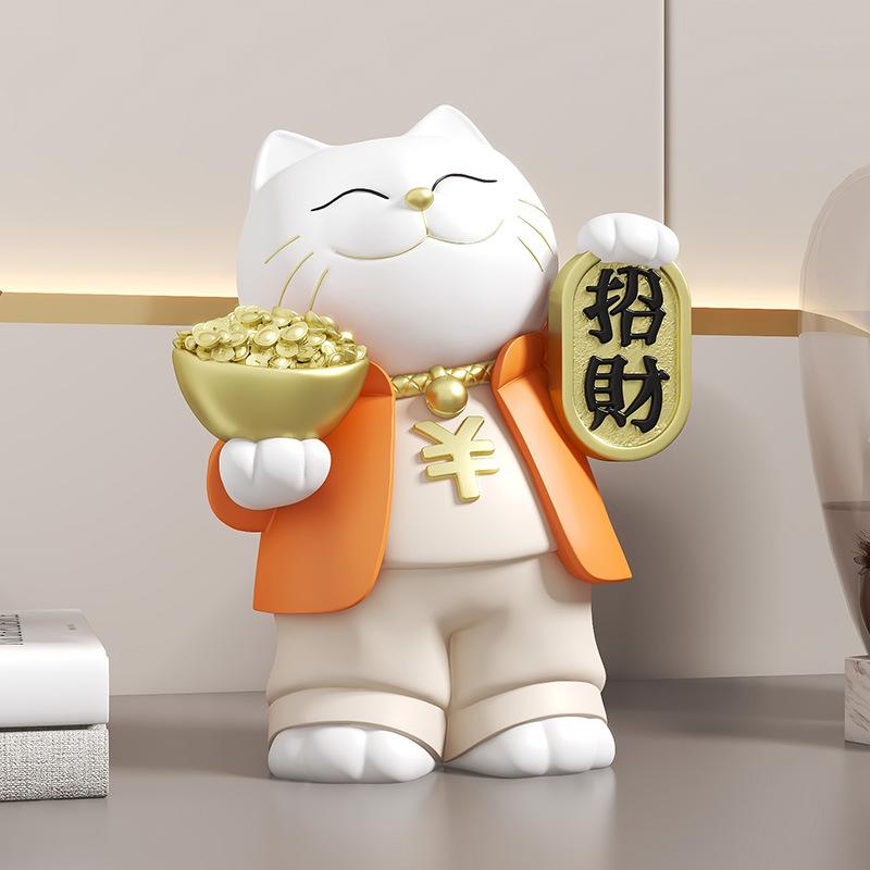 Maneki-neko Ornament for Living Room Home Decor with Ingot, Premium Housewarming Gift & Grand Opening Present for New Stores