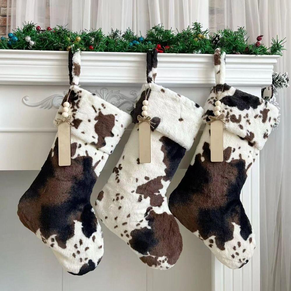 Home Decor Xmas Gift Bag Polyester Stockings Storage Bags New Cow Print Christmas Stockings  Home