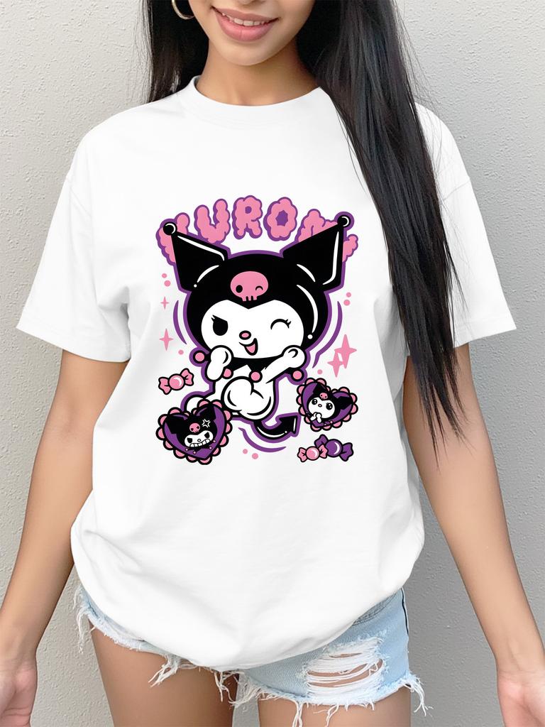 Summer Trend Sanrio Womens Tshirt Casual Trendy and Versatile Kuromi Pattern Soft and Breathable Fabric
