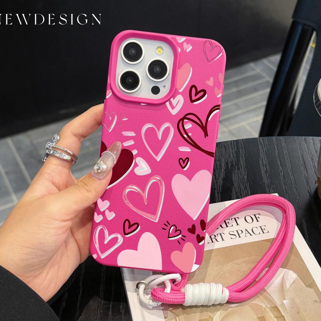Fashion INS Y2K Love Heart Phone Chain Lanyard Case For iPhone 17 16 15 14 13 12 Pro Max 11 Plus Shockproof Lichee Pattern Funda