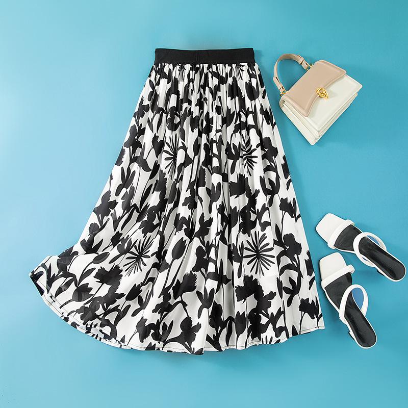 Elegant New Women's Summer A-line High-Waisted Double-Pleated Mulberry Silk Skirt