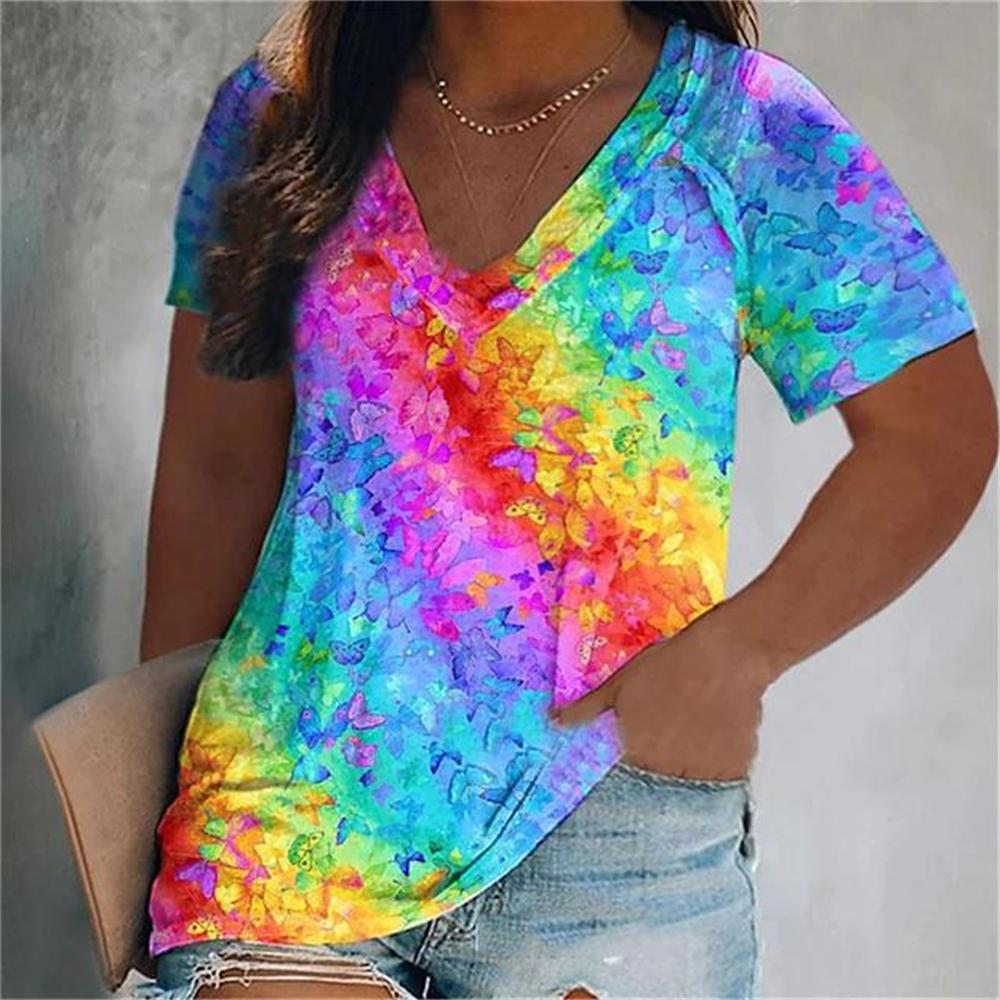 Fashion V-Neck Short Sleeve Colorful Tassels Print T-Shirts Summer Casual Elegant Women's Large Size T-Shirts