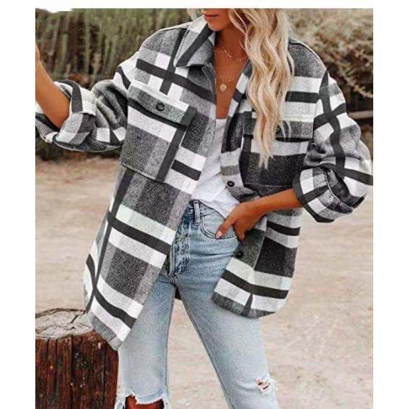 Autumn and Winter Long-sleeved Loose Plaid Shirt Tweed Jacket Female