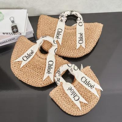 Bolsa de Palha Trançada com Bordado de Letras Bolsa de Praia Oval Média Casual Ombro Viagem
