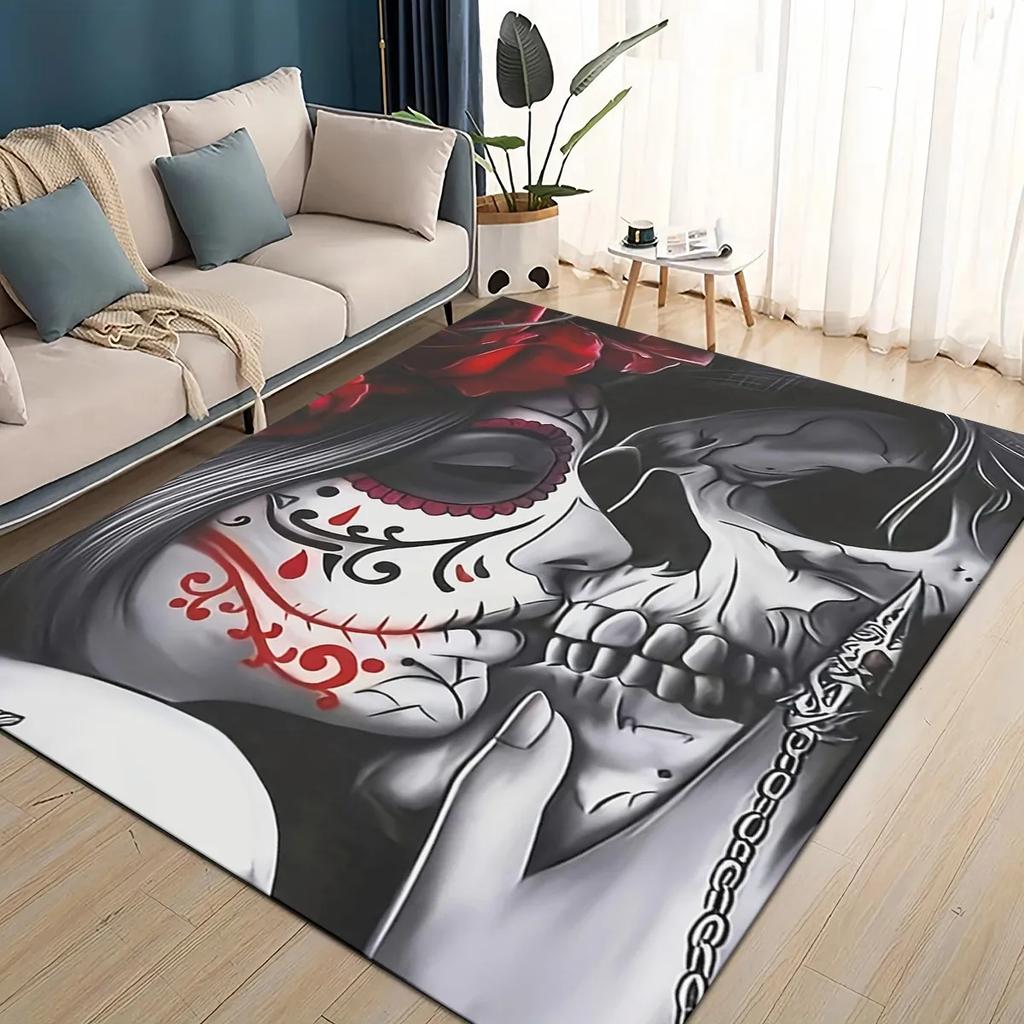 Covor Rug 3D Craniu Gotic Față Trandafir Femeie Desen Animat Groaznic pentru Sufragerie Dormitor Casă Decor Canapea, Covoraș de Podea Antiderapant pentru Copii
