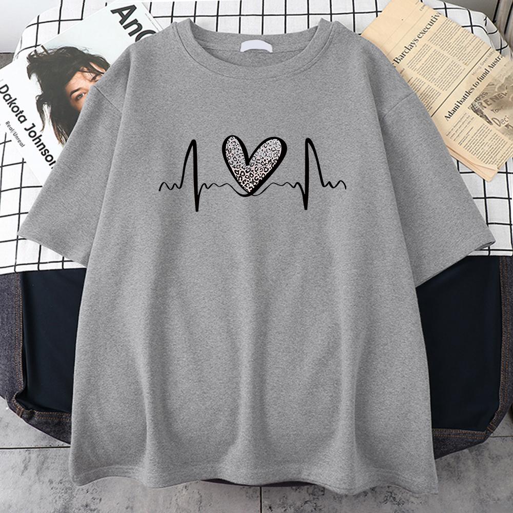 Fluctuating Leopard Heart Electrocardiogram T-Shirt Women Summer Soft Clothing Short Sleeve Plus Size Cotton Tshirts