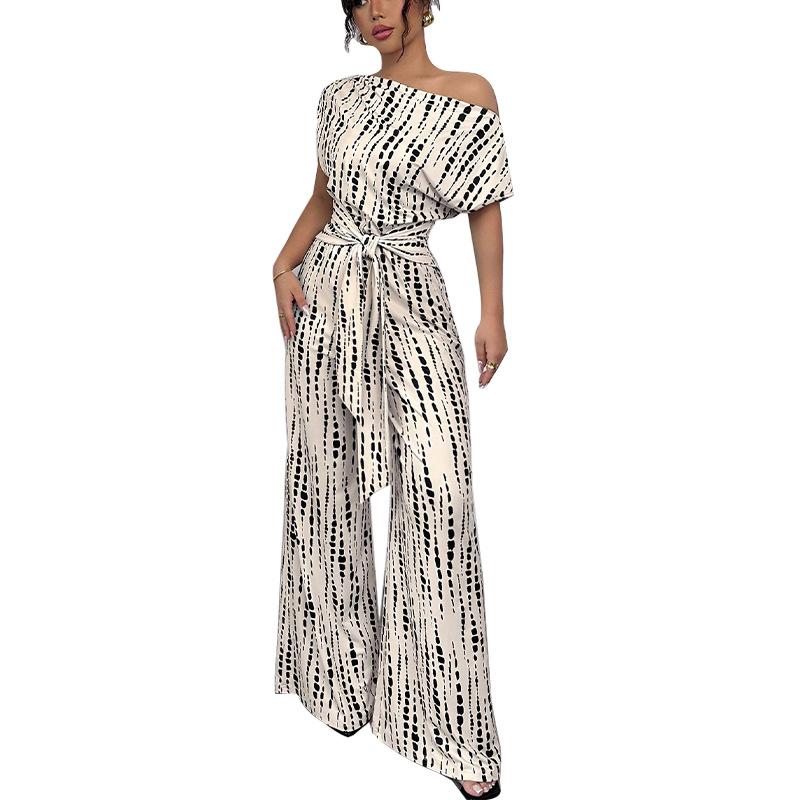 Women's Off Shoulder Polka Dot Jumpsuit Short Sleeve Belted Waist Wide Leg Pant