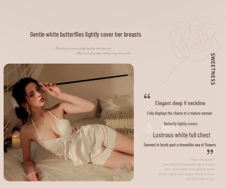 Yi Yue Pure Desire Butterfly Camisole Pajama Set with Chest Pads - Erotic Women's Nightgown Lingerie