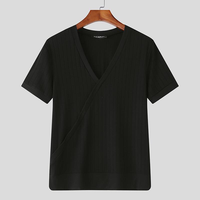 

INCERUN Мужские футболки с V-образным вырезом, коротким рукавом, однотонные, повседневные, облегающие, рубчик S