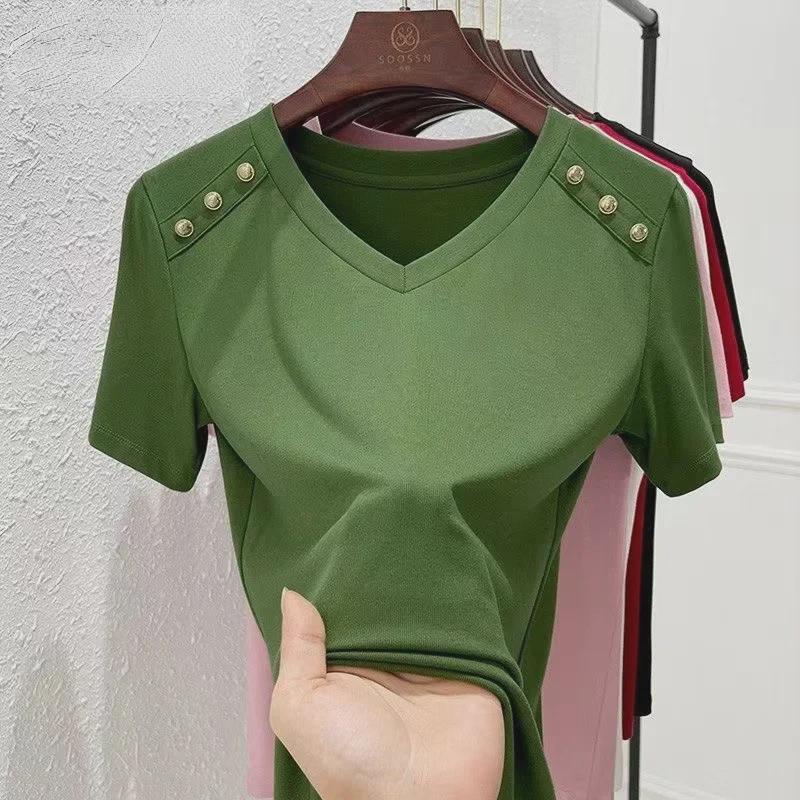 Жіноча біла футболка з V-подібним вирізом вільного крою - Корейський стиль, з короткими рукавами, з чистої бавовни, модна та універсальна для літа 2024.