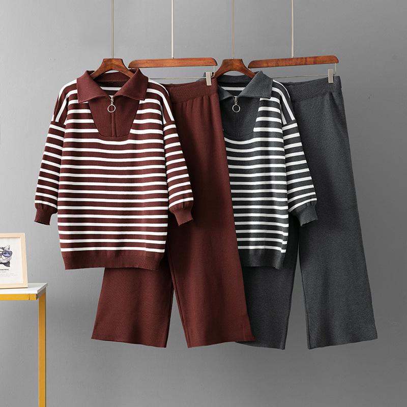 POLO Collar Striped Sweater Set Women's Autumn and Winter Loose Fashion Casual Knitting Two-piece Set