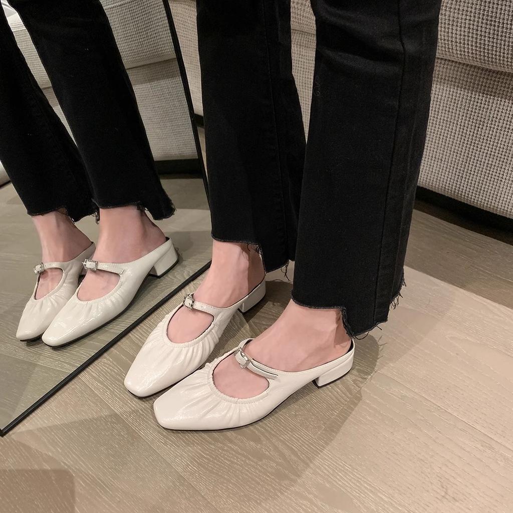 Sheepskin version~ Square head lambskin pleated bag head thick heel slippers women's half drag wear cool slippers