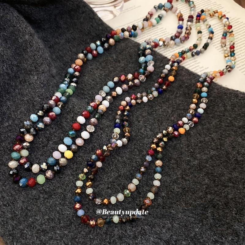Ethnic style colored crystal beaded necklace Bohemian niche retro sweater chain light luxury high-end neck chain women