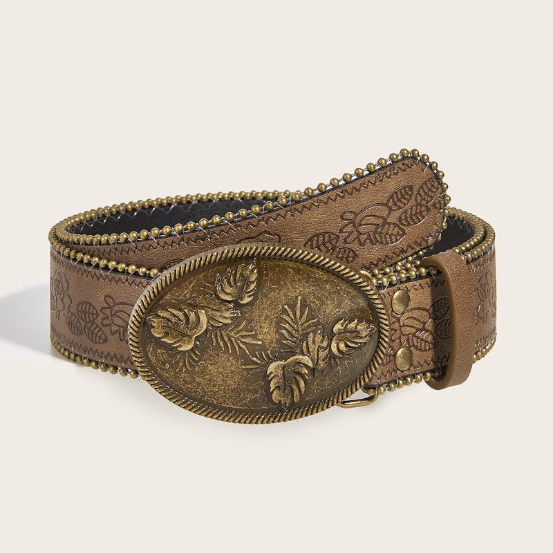 Vintage Carved Buckle Pu Wide Belts Boho Brown Embossed Waistband Western Jeans Pants Belt