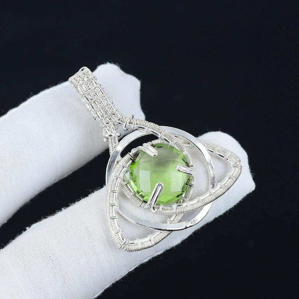 Peridot Gemstone Silver Pendant in 925 Sterling Silver- Handmade Design, Celtic Family Knot Wire Wrapped Everyday Jewelry, Gift For Moom