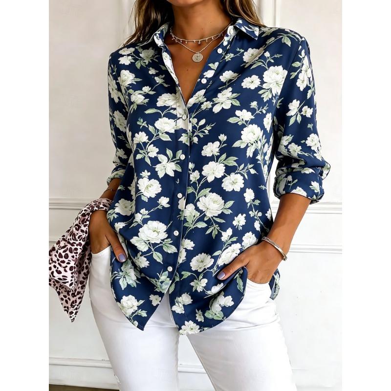 Women's Long Sleeve Floral Print Button Down Casual Shirt Elegant Daily Blouse Tops in Blue for Spring Summer