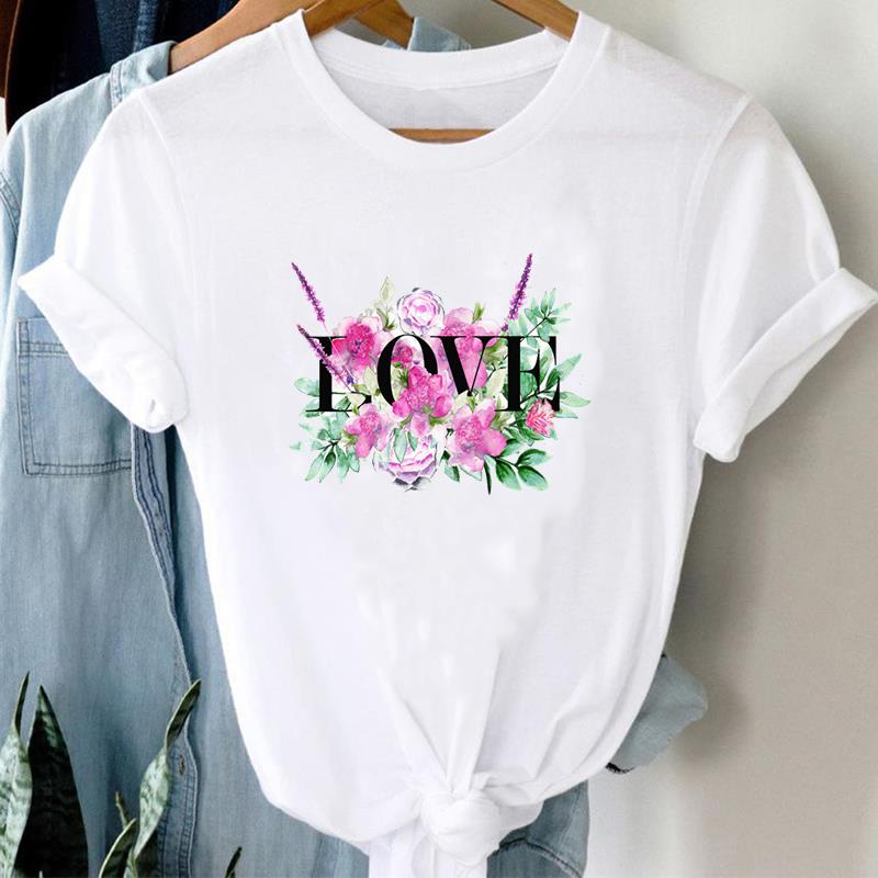 (European Size) 90s Top T Shirt Watercolor Love Heart Trend Cute Fashion Casual Clothing T-Shirt Sleeve Women Print Lady Female O-neck Graphic T-shirt