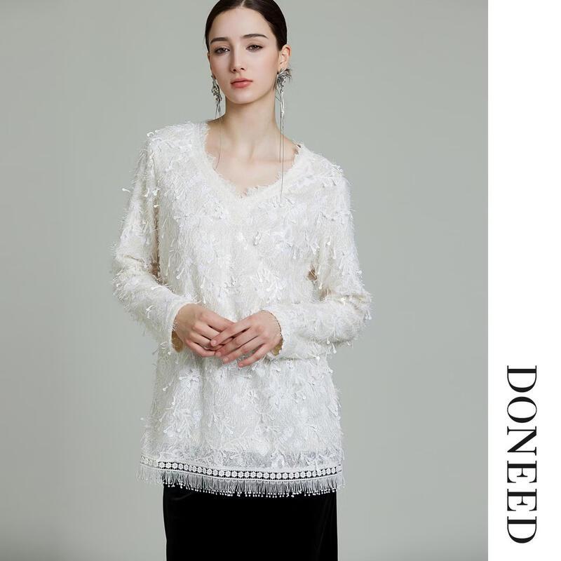 DONEED Elegant V-Neck Sequin Tassel Long-Sleeve Knit Sweater