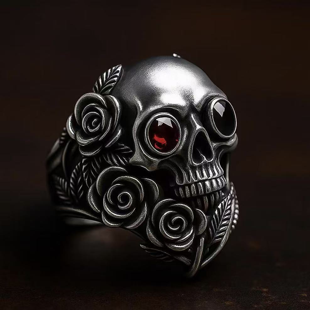 Personality Heavy Industry Skull Punk Index Finger Ring Vintage Rose Flower Vine Open Adjustable Ring